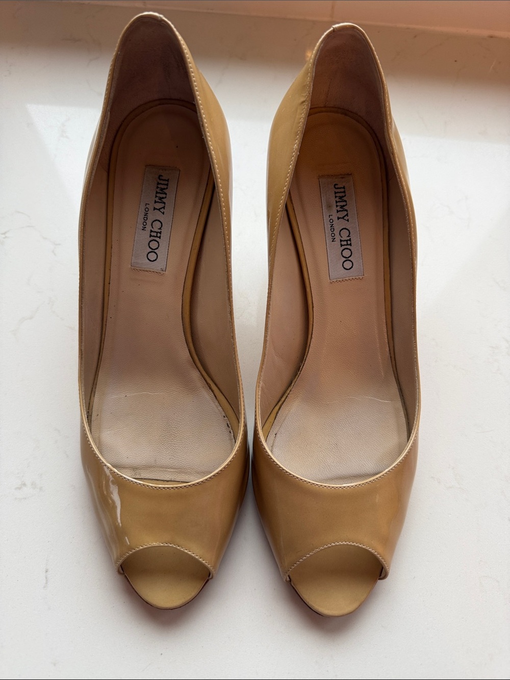 Jimmy Choo Nude Patent Peep-Toe Pumps